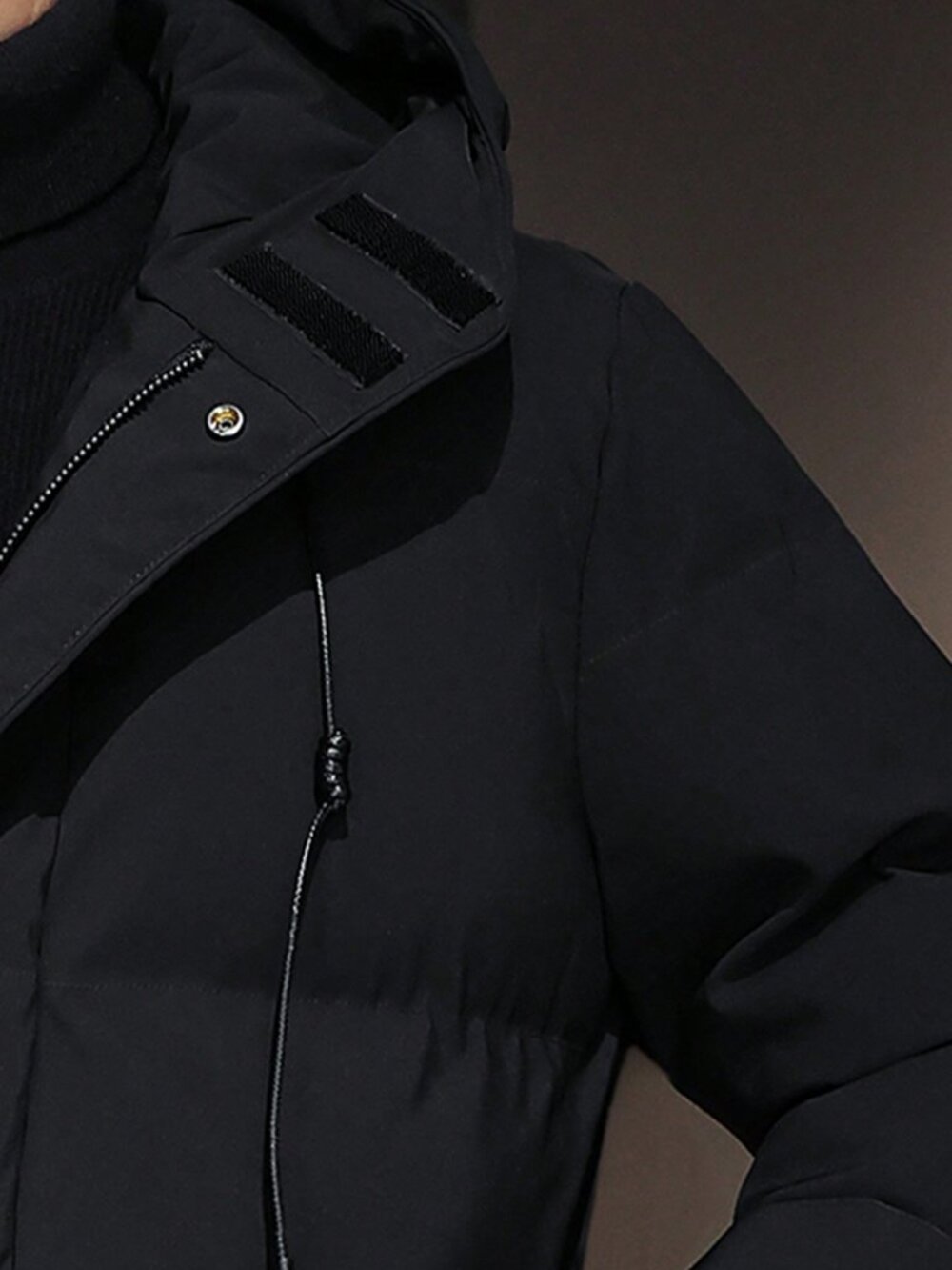 Men's Black Slant Pocket Drawstring Hooded Padded Coat - Picture 4 of 5